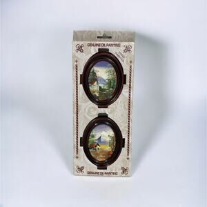 Set of 2 Genuine Oil Paintings Hand Painted Framed 3.5" X 4.5" Oval Scenery